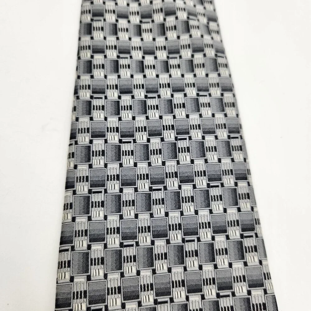 Stafford Mens Necktie Tie Silk Geometric Black Silver Gray‎ EUC